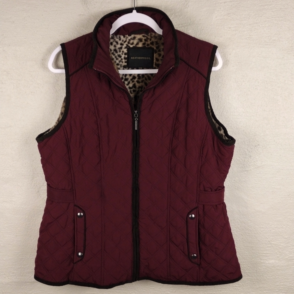 Weatherproof Burgundy Quilted Faux Fur High Collar Zip Up Outdoor Vest Jacket - Picture 16 of 16